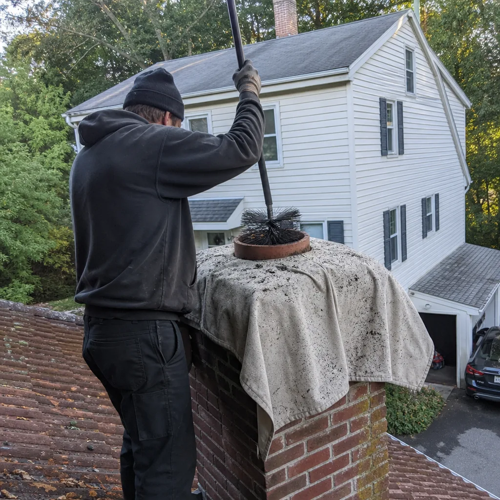 Professional chimney sweep cleaning a brick chimney from a rooftop