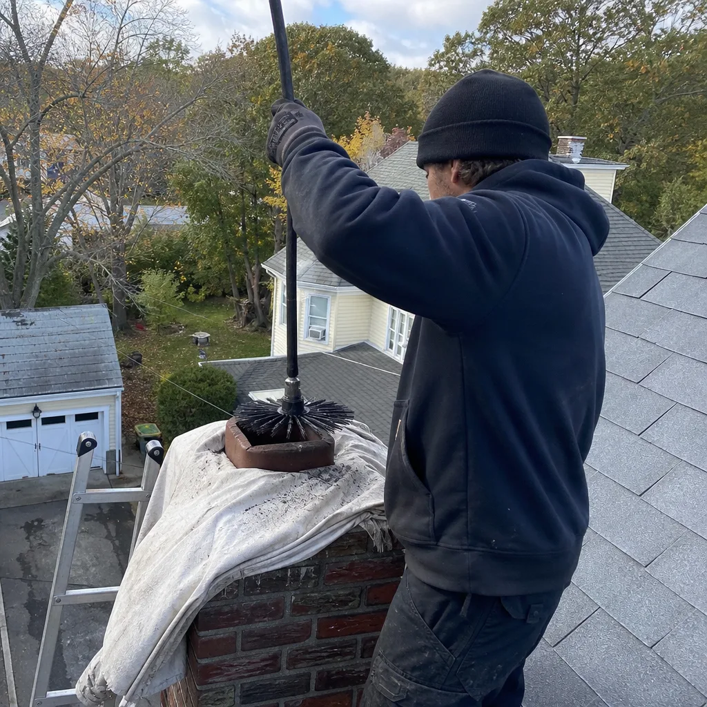 Professional chimney sweep cleaning a brick chimney with a rotary brush.