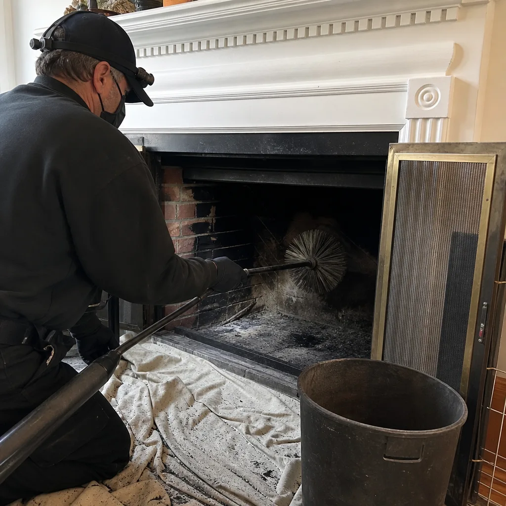 Professional chimney sweep cleaning indoor brick fireplace with a brush
