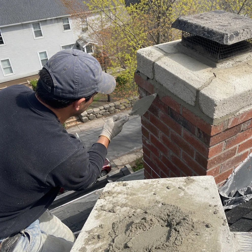 Professional contractor performing brick chimney masonry repair on a residential roof