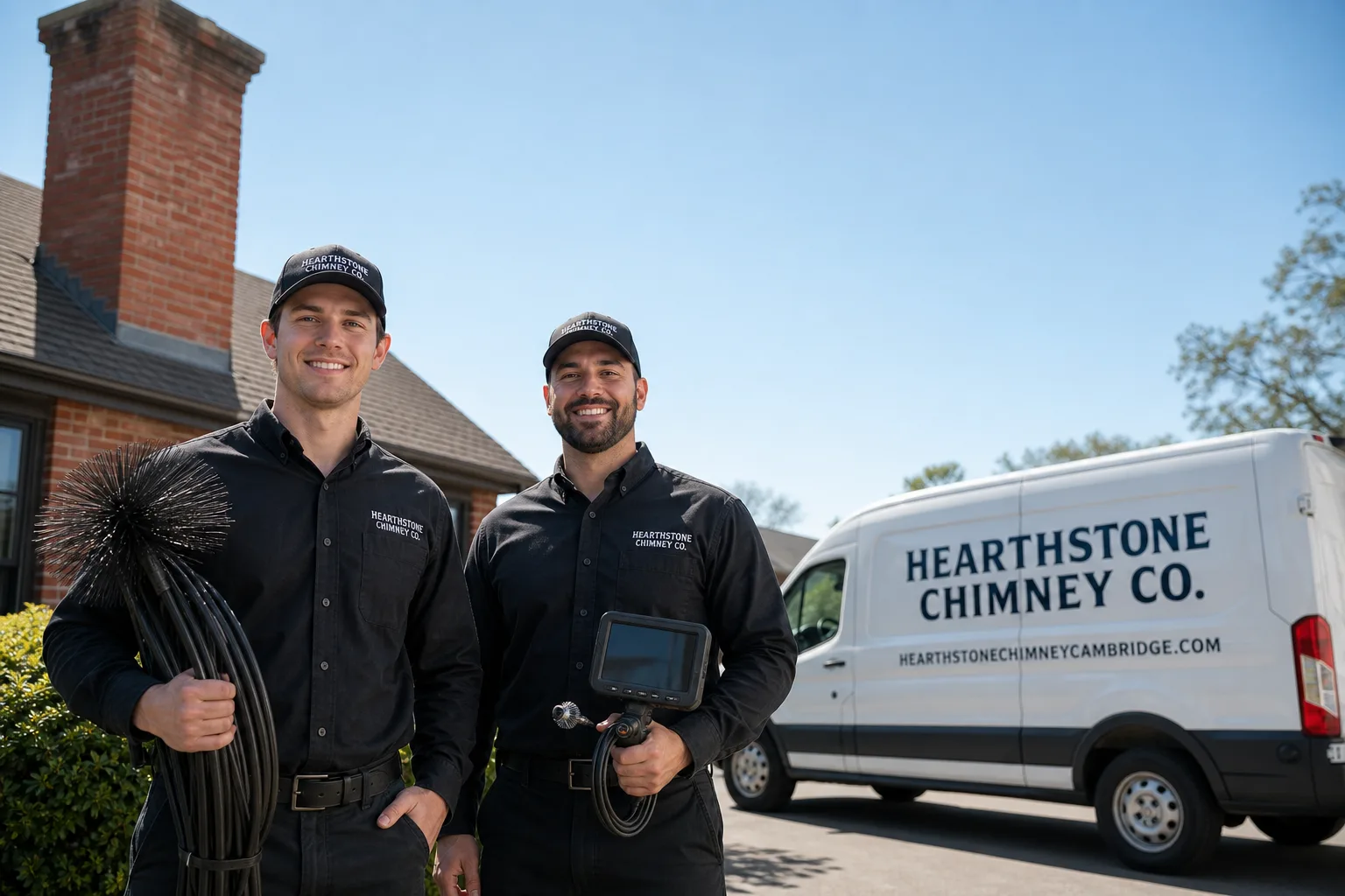 Hearthstone Chimney Co. chimney cleaning service vehicle and crew in Cambridge, MA
